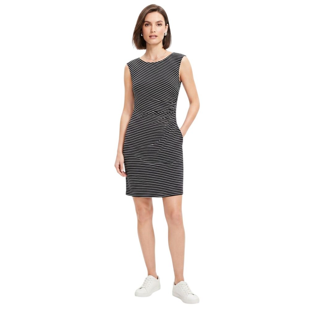 Loft Black White Striped Ruched Jersey Knit Dress